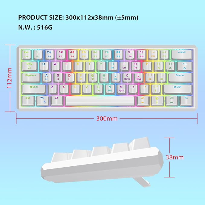 Snpurdiri 60% Wired Mechanical Gaming Keyboard (White, Red Switches) | RGB Backlit 61 keys Small Gaming Keyboard for Windows Laptop PC Mac - Image 6