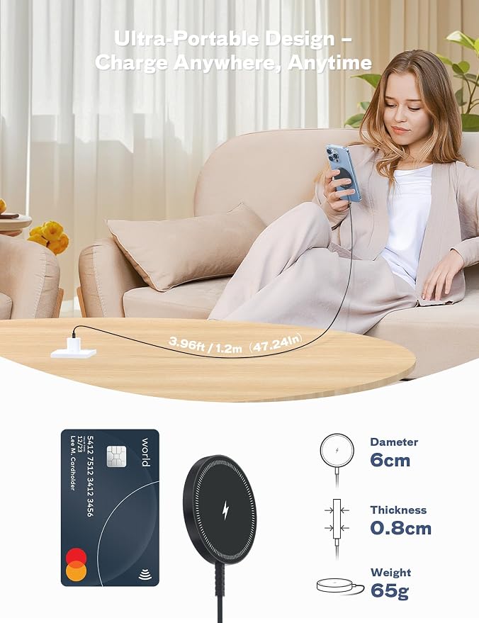 Bohuma Magnetic Wireless Charger – Compatible with iPhone 12-17 Series Airpods - Sleek Lightweight Design with Fast Charging – Ideal for Travel Work & Home – Black - Image 8