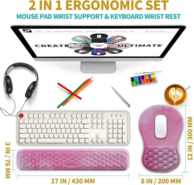 Hokafenle 2 in 1 Ergonomic Mouse Pad Wrist Support & Wrist Rest for Computer Keyboard Set, with Relieve Carpal Tunnel Pain Massage Bulge and Full Memory Gel Design (2In1 Set, Sweet Pink) - Image 2