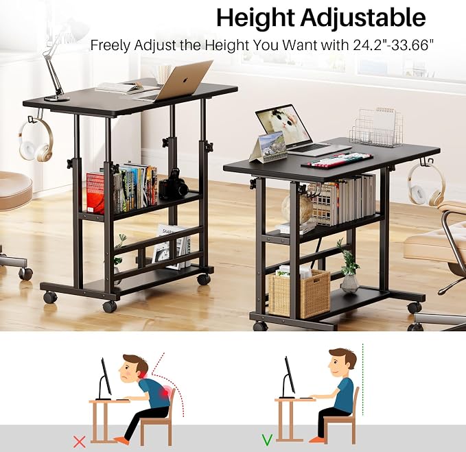 Adjustable Height Standing Desk, Rolling Stand Up Desk with Storage Shelves, 31.5" Small Mobile Computer Desk, Portable Laptop Table (Simple Black) - Image 3