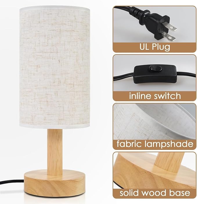 Small Bedside Table Lamps for Bedroom Set of 2,Natural Round Wood Base&Fabric Linen Shade,Cozy Night Light for Study Reading,Minimalist Boho Desk Lamp for Nightstand,Living Room,Nursery,Kitchen,Dorm - Image 6