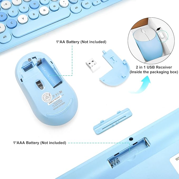 Wireless Keyboard and Mouse Combo, Retro Typewriter Keyboard with Round Keycaps, 2.4GHz USB Cute Wireless Keyboard Mouse for Computer, Desktop, Laptop (Blue Colorful) - Image 5