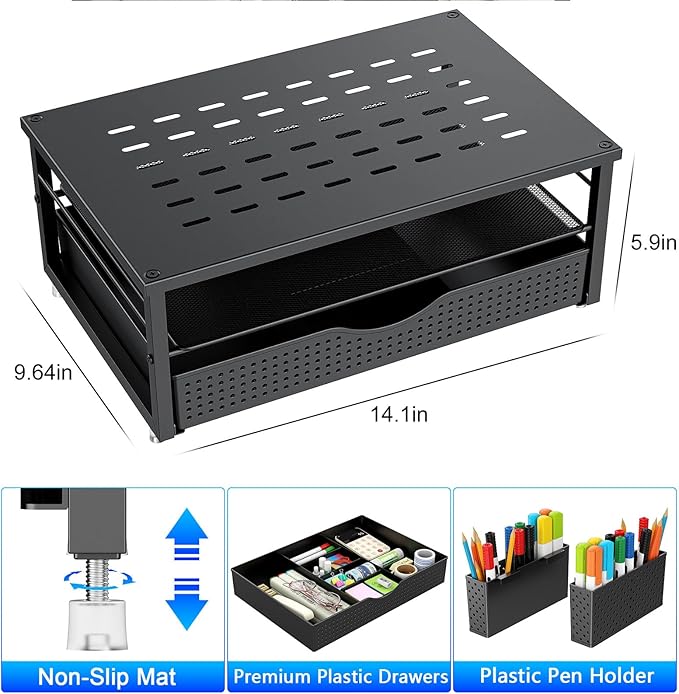 gianotter Monitor Stand with Drawer and 2 Pen Holders | Monitor Riser Dual-Layer Storage Desk Organizers and Accessories (Black-Ventilated) - Image 6