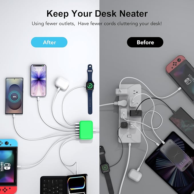 USB C Charger Block, GaN Fast USB Charging Station Hub with 100W Max 6-Port | 3 USB-C & 3 USB-A Compact Desktop Charger for Home Office, PD20W USB Power Strip for iPad iPhone 17 16 15 14 Pro Max Galaxy - Image 4
