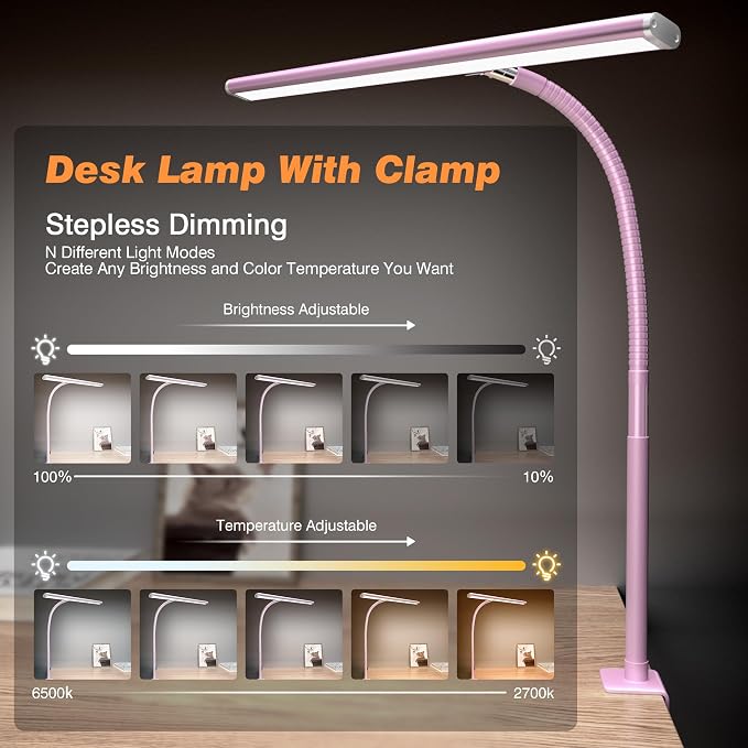 Airlonv LED Desk Lamp with Clamp, 17" Stepless Dimming Light (Pink) | 2700K-6500K, 100 LEDs, 360° Gooseneck, Fits Up to 30" Monitors, Flicker-Free Lighting for Home Office, Study& Workbench - Image 2
