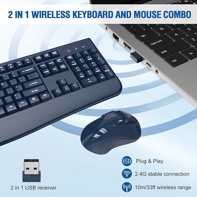 Wireless Keyboard and Mouse Combo, Full-Sized 2.4GHz Wireless Keyboard with Comfortable Palm Rest and Optical Mouse for Windows, Mac OS PC/Desktops/Computer/Laptops (Starry Blue) - Image 2