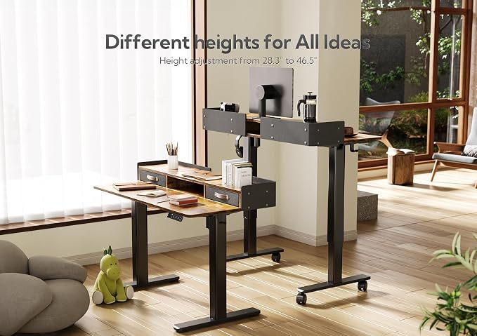 Claiks Standing Desk with Drawers & Wheels, 2 Height Shelf 48" Rustic Brown | 2 height adjust shelf, tabletop drawers, felt fence design, sturdy supports 176 lbs, 4 wheels, 2 tire monitor stand - Image 5