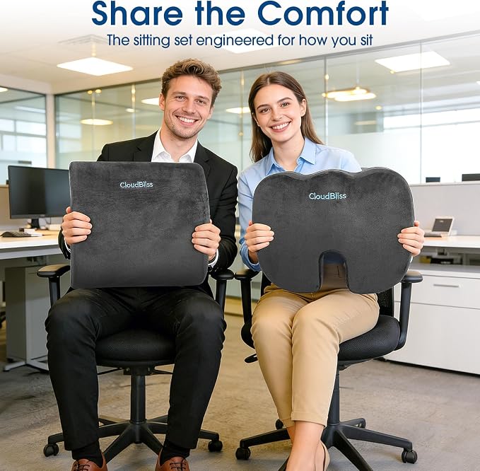 CloudBliss Ergonomic Seat Cushion & Lumbar Support Pillow Set, Grey, Large | Back Pain & Sciatica Relief, Memory Foam Support, Adjustable Straps, Machine Washable Velvet, Perfect for Office, Car, Gaming - Image 9