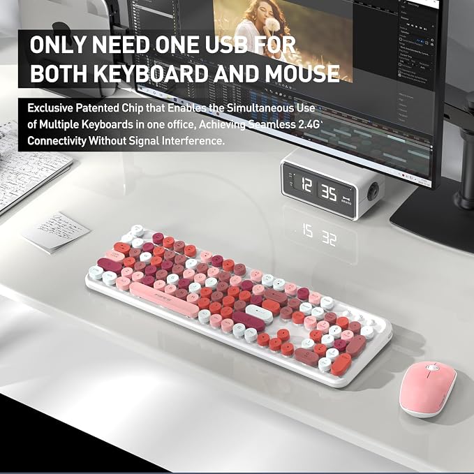 2.4GHz Wireless Keyboard and Mouse Set with Switch Button - Full-Size Keyboard - Compatible for Windows/Laptop/PC/Notebook/Smart TV and More - White Colorful - Image 9
