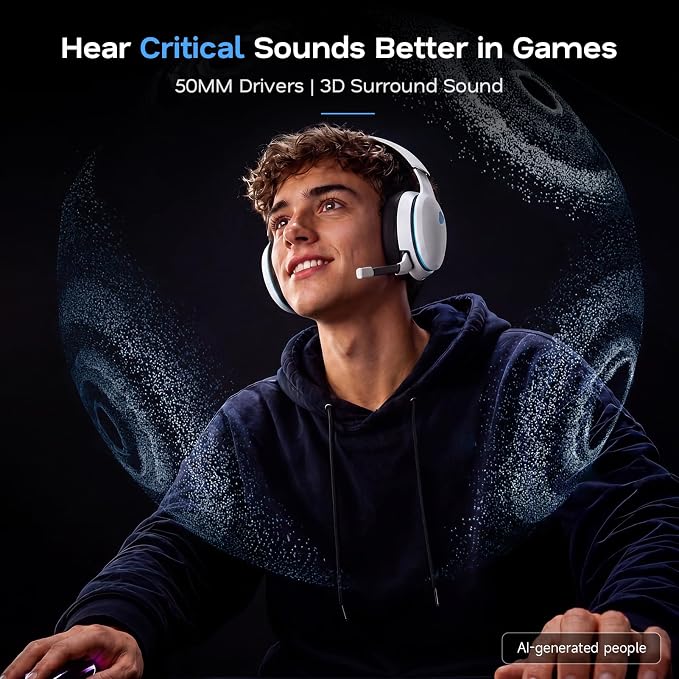AOC 2.4GHz Wireless Gaming Headset for PS5, PS4, PC, Switch, 45Hr, White | Bluetooth 6.0 Gaming Headphones with Noise Canceling Mic, 7.1 Virtual Surround, Great for Fortnite & Call of Duty/FPS Gamers - Image 3