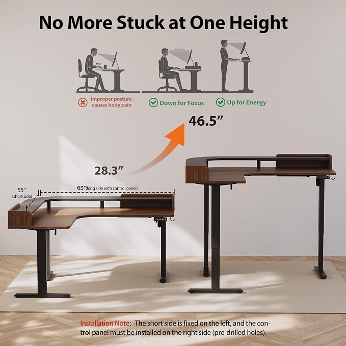 Agilestic L Shaped Standing Desk with Monitor Shelf, 63 Inch, Dark Walnut | Electric Height Adjustable, Dual Monitor Setup, Spacious Corner Desktop, Sturdy Steel Frame, Memory Presets, 264 lbs - Image 4