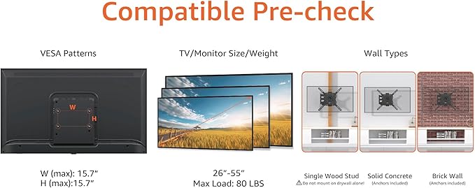 Amazon Basics Full Motion Articulating TV Wall Mount, with Swivel and Tilt, for 26" to 55" TVs and Flat Panels up to 80 Lbs, VESA Compatible, Single Stud, Black - Image 2