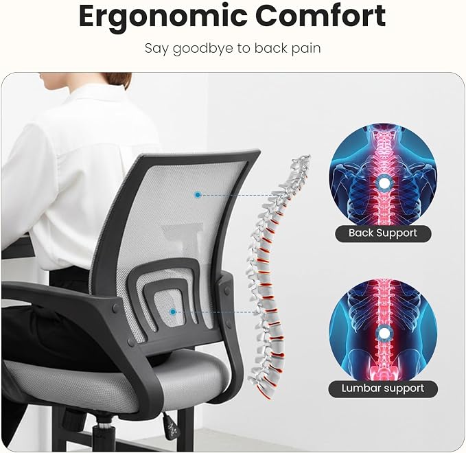 DUMOS Ergonomic Office Chair, Mid-Back Executive Desk Chair 2 Pack | Comfortable Lumbar Support, Breathable Backrest, Fixed Armrest, Height Adjustable, 360° Swivel, Computer Gaming, Grey - Image 3
