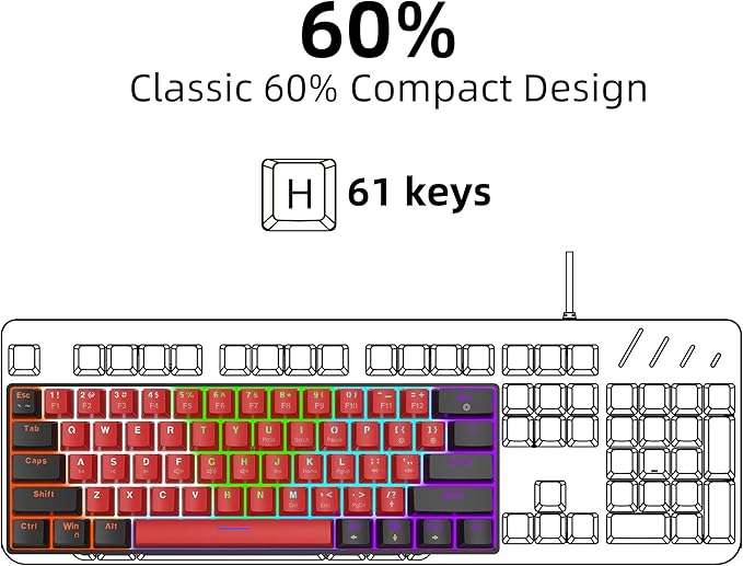 Snpurdiri 60% Wired Mechanical Keyboard (Black-Red, Red Switches) | Mini Gaming Keyboard with 61 Keys for PC, Windows XP, Win 7, Win 10 - Image 2