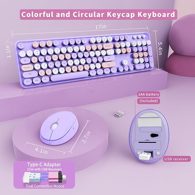 SkyGive Wireless Keyboard and Mouse Combo, Ergonomic Full Size Typewriter Retro Round Keycaps Keyboard, Compatible with Windows, PC, Perfer for Home and Office Keyboards (Lavender Purple - Image 5