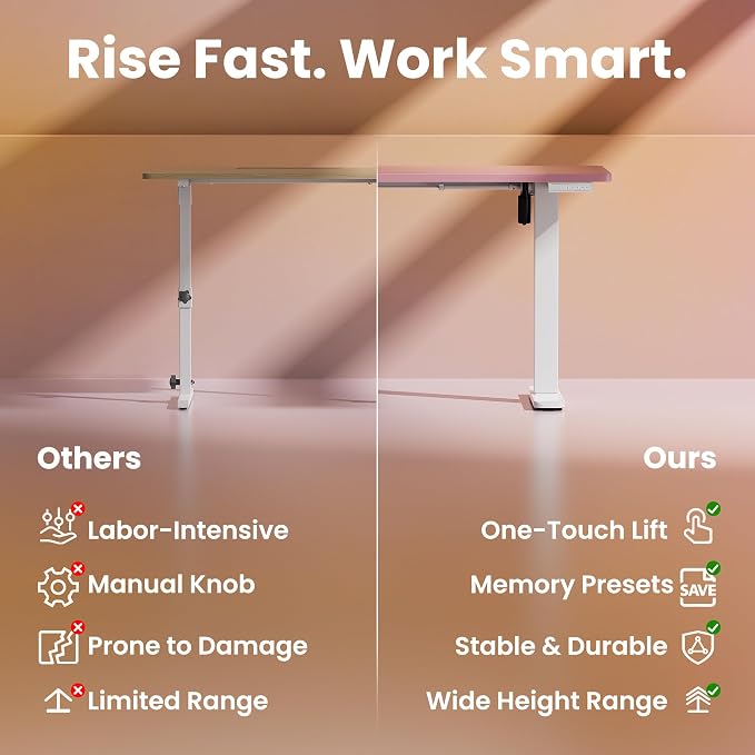 HUANUO 32x19 Inch Small Electric Standing Desk, Adjustable, Pink | 176 Lbs Capacity, Rounded Corners, Wheel-Ready Feet, Compact Desktop, Apartment Workspace, 28.3–46.5 Inch Height Range - Image 8