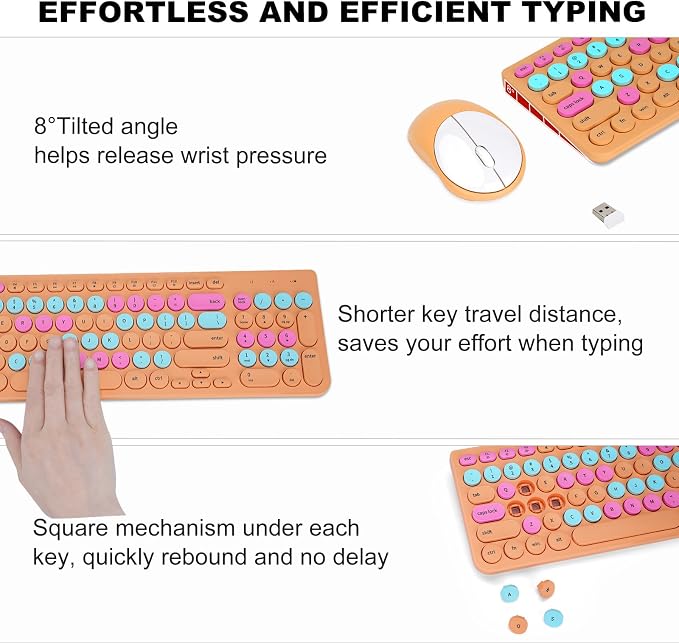 Wireless Keyboard and Mouse Combo, Retro Typewriter Keyboard with Round Keycaps, 2.4GHz USB Cute Wireless Keyboard Mouse for Computer, Desktop, Laptop and Computer (Orange Colorful) - Image 4
