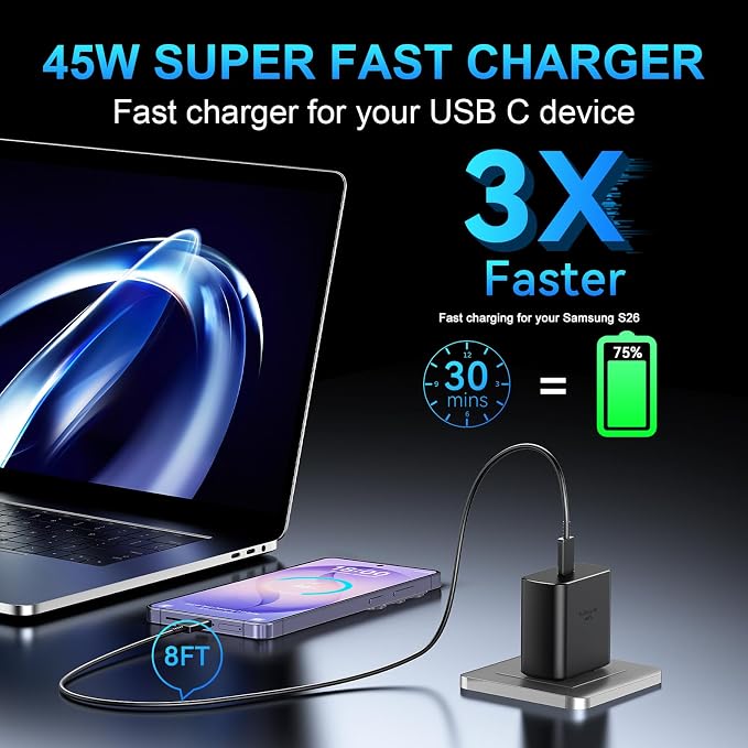 45W USB C Super Fast Charger Type C Charger Fast Charging Android Phone Charger Block with 8FT Type C Charging Cable for Samsung Galaxy S26 Ultra/S26/S26+/S25/S25 Ultra/S25+/S24 Ultra/S23 Ultra/S22 - Image 6