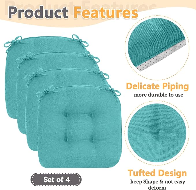 MAGIC ELEPHANT Chair Cushions for Dining Chairs, Memory Foam Kitchen Chair Cushions Set of 4, Non-Slip Thick Dining Room Chair Pads Seat Cushions, 15.5" x 15.5" x 4" (Aqua Green) - Image 4