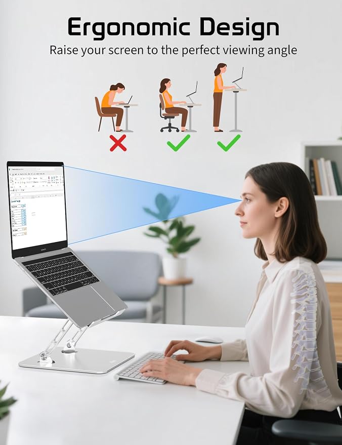Adjustable Aluminum Laptop Stand for Desk,Ergonomic Riser, Silver | Open Ventilated Design, Fits MacBook Pro/Air & 10"-16" Laptops, Stable Support for Office, Home & Travel - Image 3