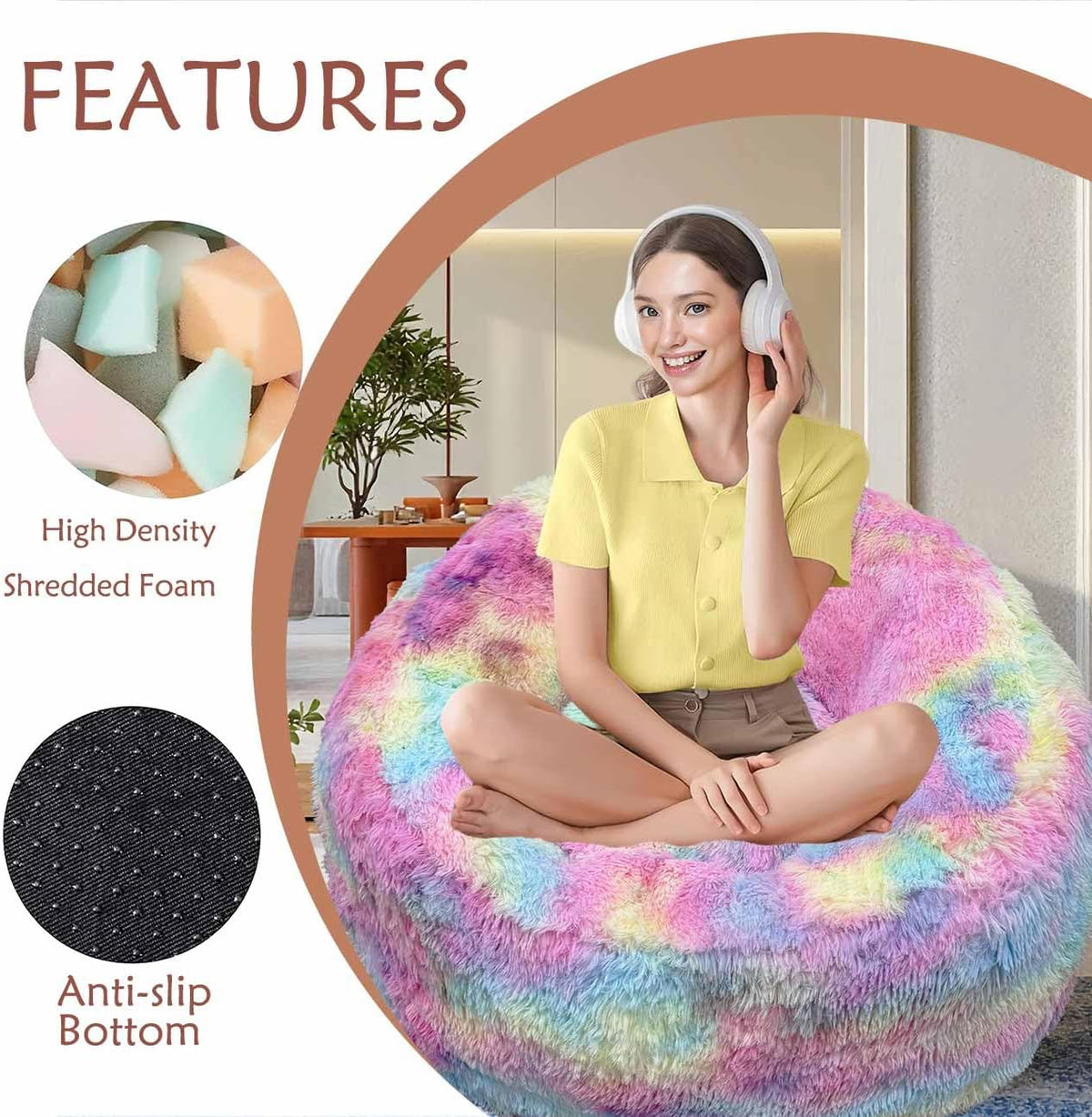 Plush Faux Fur Bean Bag Chairs, Memory Foam Filled Sofa Chair Shape Bean Bag for Adults/Teens/Kids, Ultra-Soft Lazy Sofa for Living Room Bedroom College Dorm, Rainbow - Image 6