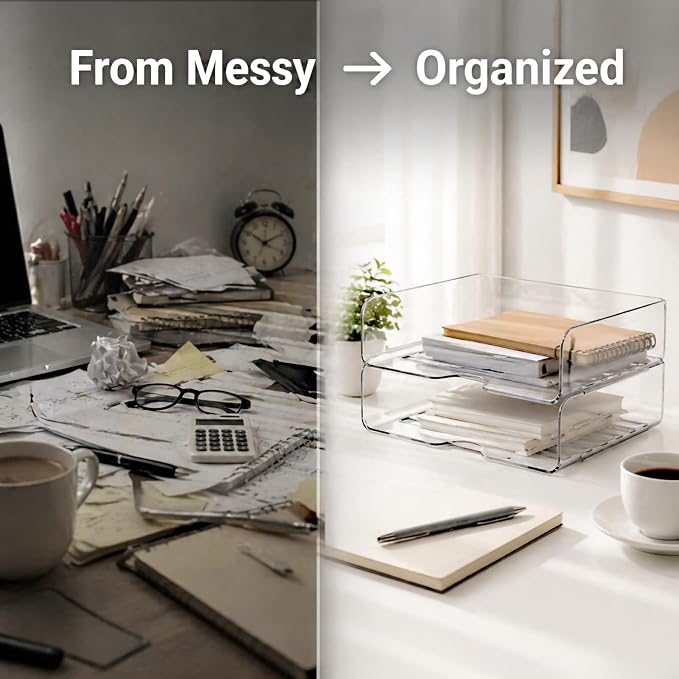 DCA 2 Tier Desk Organizer, Clear Paper Tray File Organizer | Stackable Letter Tray | Office, Home & School | Large Capacity - Image 2