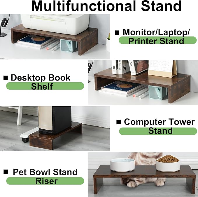 TEAMIX 2-Pack Monitor Stand Riser 20 inch, Wooden Tabletop Shelf, Brown | For 2 Monitors, Laptop, Printer, TV, PC Tower, Rustic Brown Monitor Riser with Storage, Computer Stand Ergonomic Design - Image 3