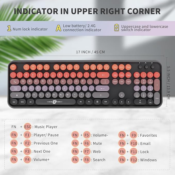 Wireless Keyboard and Mouse Combo, 104 Round Keys Cute Colorful Keyboard and Mouse with Retro Typewriter for PC Mac Laptop Tablet Computer Windows Black Red - Image 3