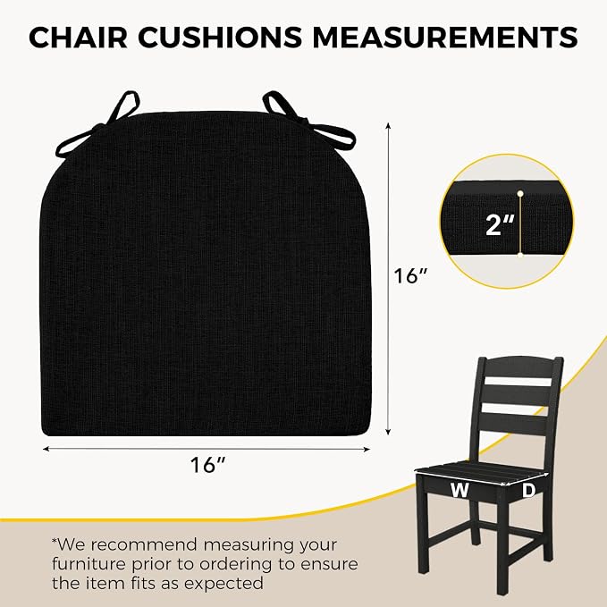 downluxe Indoor Chair Cushions for Dining Chairs, Soft and Comfortable Textured Foam Kitchen Chair Pads with Ties and Non-Slip Backing, 16" x 16" x 2", Black, 4 Pack - Image 2