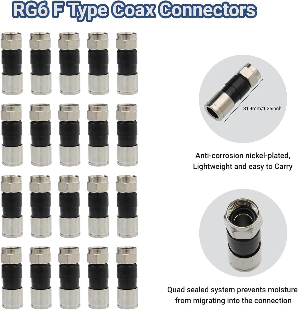 Professional Coax Cable Crimper Kit – RG6/RG59/RG11 Compression Tool with Wire Stripper, 50-Pack F-Type Connectors & Storage Bag – Coaxial Cable Tool Set for TV, Satellite, CCTV & Home Network - Image 6