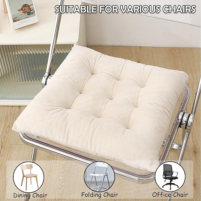 Set of 4 Chair Cushions for Dining Chairs with Ties, Indoor Non-Slip Kitchen Chair Pad and Dining Room Seat Cushion Mat for Office Living Room Outdoor 15.5" - Ivory - Image 5