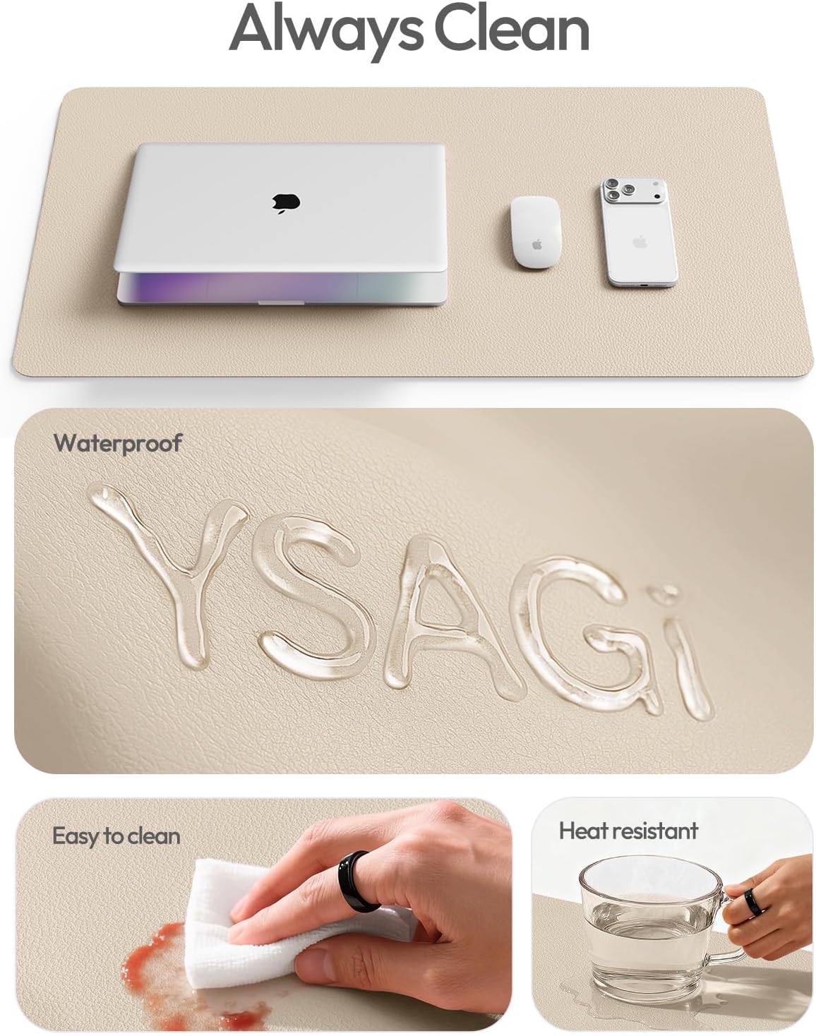 YSAGi Leather Desk Protector, Office Mat, Large Mouse Mat, Non-Slip PU Leather Blotter, Laptop Desk, Waterproof Writing Pad for Office and Home (Eggshell, 35.4" x 17") - Image 7