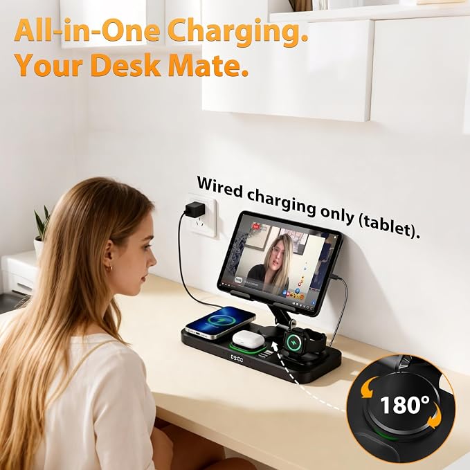 Wireless Charging Station for Apple Devices, Only for Apple Watch Charging | Included Type-C Cable for Tablet Charging, Foldable Wireless Charging Station, 7 Cycling Ambient Lights, Time Clock Display - Image 9
