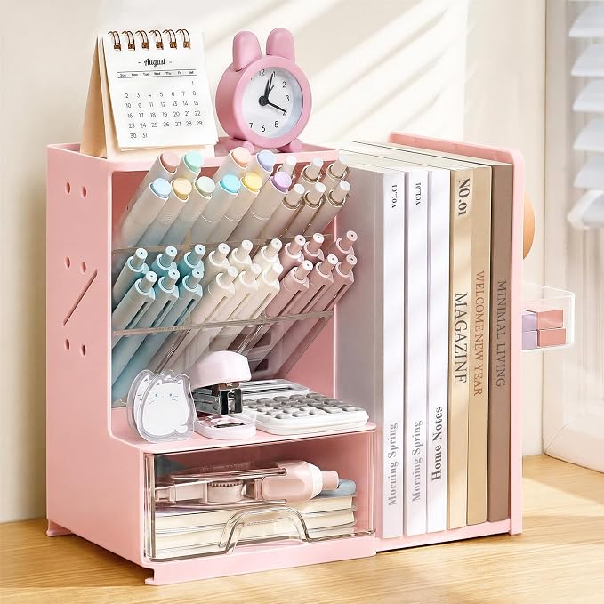 Sooez Desk Organizer with Bookends, Pegboard & Drawer, Pen & Pencil Holder | Desk Accessories with 5 Compartments, Teacher School Office Supplies, Dorm Room Organization Storage for Sticky Notes, Pink by Sooez