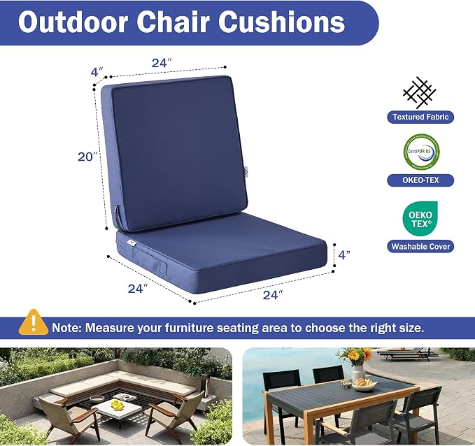 IPYNBAP Outdoor Cushions, Outdoor Chair Cushions 24x24x4 Inch, Cushions for Outdoor Furniture with Removable Cover, Waterproof & Fade Resistant Outdoor Seat Cushions for Patio, Lawn, Navy Blue - Image 2