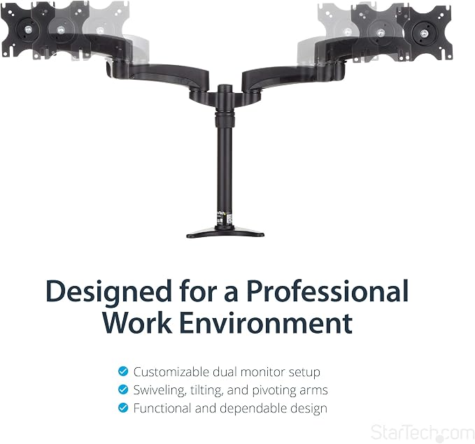 StarTech Desk Mount Dual Monitor Arm 24in, Articulating, Black (ARMDUAL) | Supports Monitors 12'' to 24" (29.9lb/13.6kg), Adjustable VESA Monitor Arm, Grommet or Desk Mount - Image 3