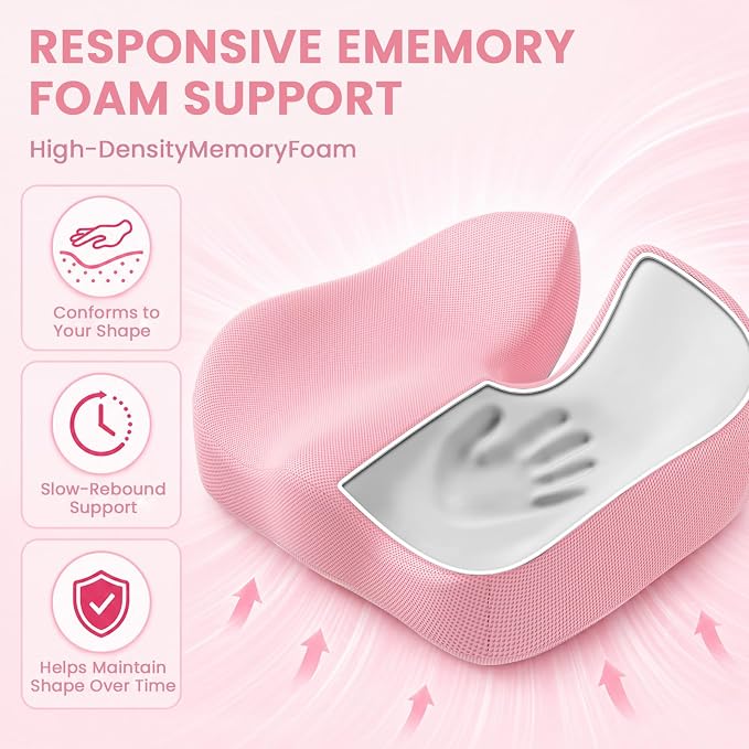 CJACSOC Seat Cushion, Extra Large Memory Foam Cushion for Office Chair Cushions, Ergonomic Cushions Pad Pillow for Pressure Relief Sciatica & Pain Relief for Long Sitting, Pink - Image 4