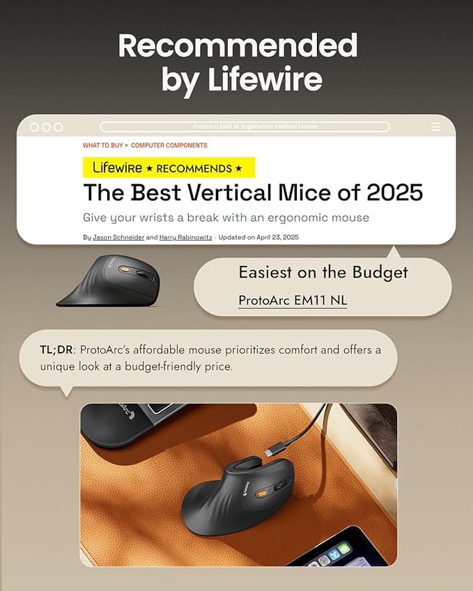 ProtoArc EM11 NL Wireless Ergonomic Mouse, Rechargeable Vertical Mouse | 58° vertical design supports a natural wrist posture, connect 3 devices via Bluetooth/2.4G USB-A, 500mAh USB-C rechargeable. - Image 4