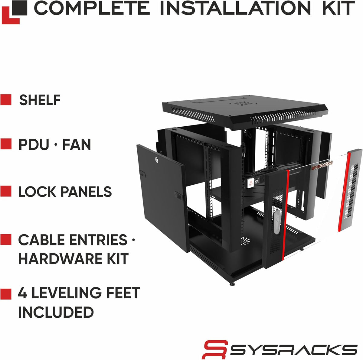9U Wall Mount Server Rack Cabinet 24” Deep, 19” Network & AV Enclosure for Home Lab with Fan, PDU, 1 Shelf, Locking Glass Door - Image 4