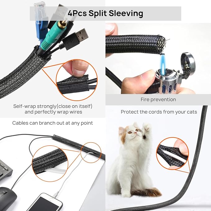 Cable Management Kit - 4 Cable Sleeve, 57 Self Adhesive Cable Clips, 12 Hanging Strips, 12 Cable Organizer Straps and 100 Fastening Cable Ties for TV Computer Under Desk (Black and White) - Image 2