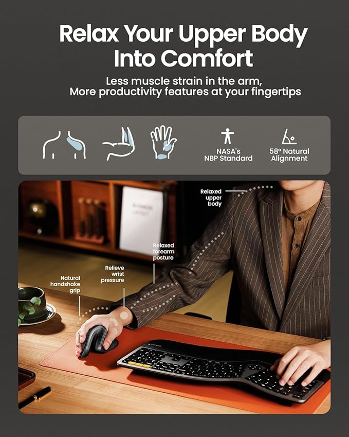 ProtoArc EM11 NL Wireless Ergonomic Vertical Mouse, Rechargeable, Gray | 58° vertical design supports a natural wrist posture, connect 3 devices via Bluetooth/2.4G USB-A, 500mAh USB-C rechargeable. - Image 4