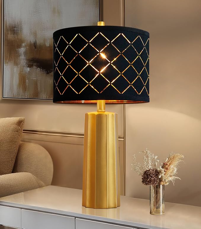 24" Modern Table Lamp for Living Room Bedroom Black Grid Shade | Gold Nightstand Resin Lamps Contemporary Desk Lamps for Bedside End Tables, 2 Bulbs Included (Gold) - Image 7