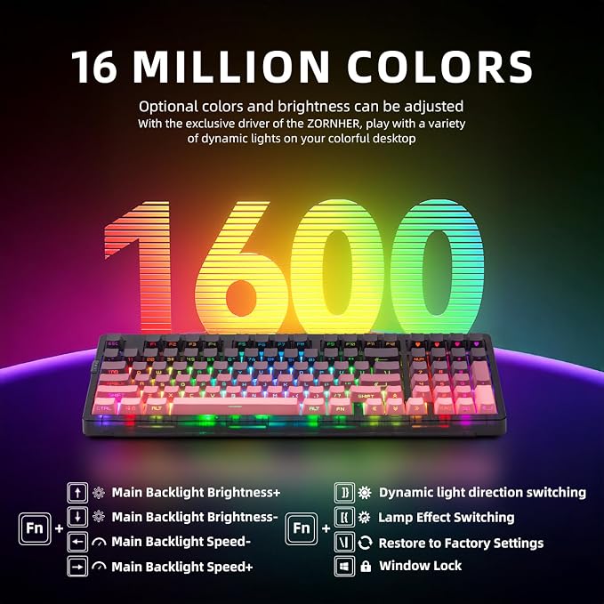 ZORNHER ZH980 Mechanical Keyboard Wireless,95% Pink Creamy Keyboard with Number Pad,Gaming Keyboard with Number Pad,Lighted Up PBT Keycaps,Loud Keyboard Clicky Blue Switches,Full Size - Image 3