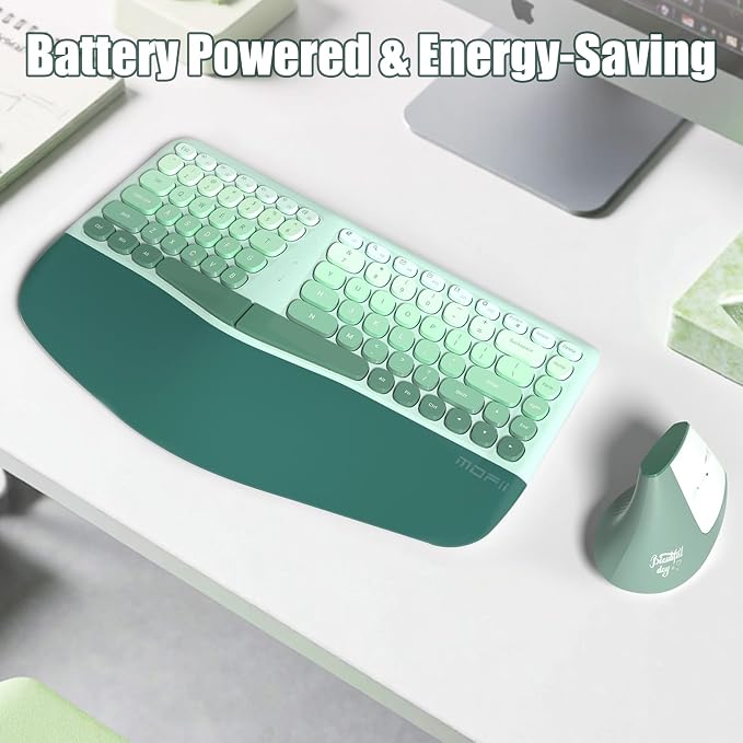 Wireless Keyboard and Mouse Combo, Ergonomic Design with Wrist Rest | 84-Key Membrane Keyboard Curved Split Keys, 6-Key Vertical Mouse, Cordless Set for Win/Mac, AAA Batteries Incl., Mint Green - Image 4