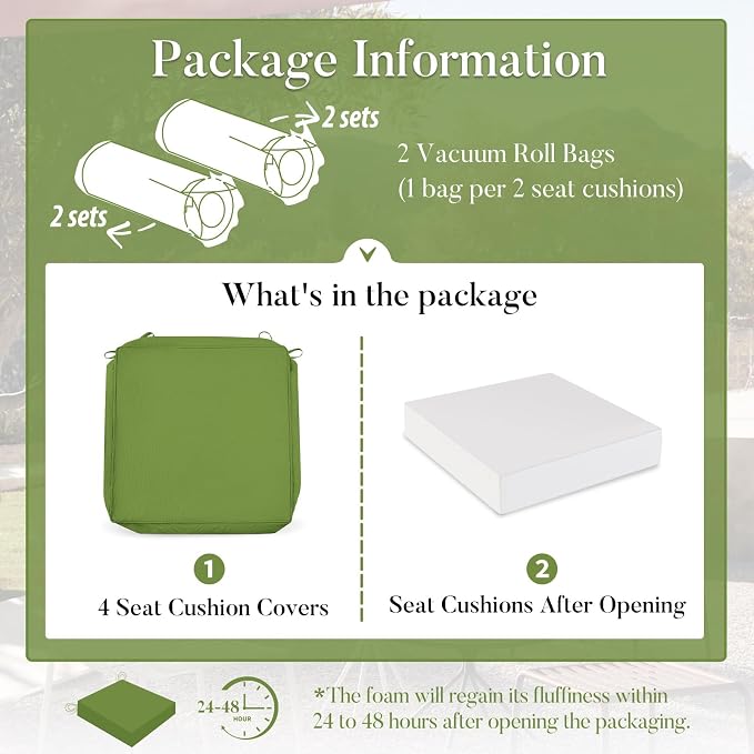 Basic Beyond Outdoor Chair Cushions for Patio Furniture, Waterproof Outdoor Seat Cushions Set of 4 19 x 19, Patio Chair Cushions Set of 4 with Ties and Handle, Grass Green - Image 7