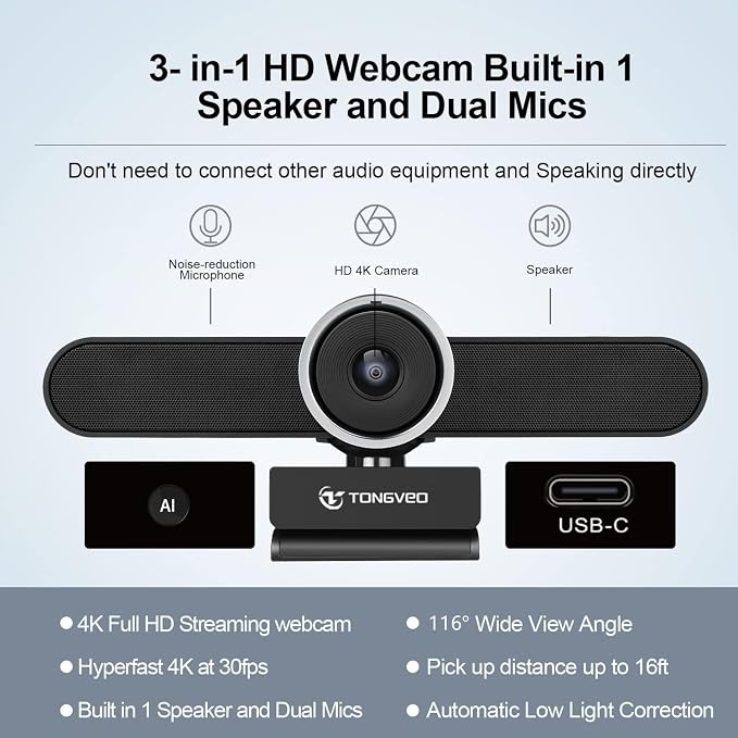 TONGVEO 4K Webcam Conference Call Room Web Camera with Dual Microphones &Speaker, | All-in-One USB Video Camera, 116° Wide Angle, AI Auto Framing | Compatible with Zoom, OBS - Image 3