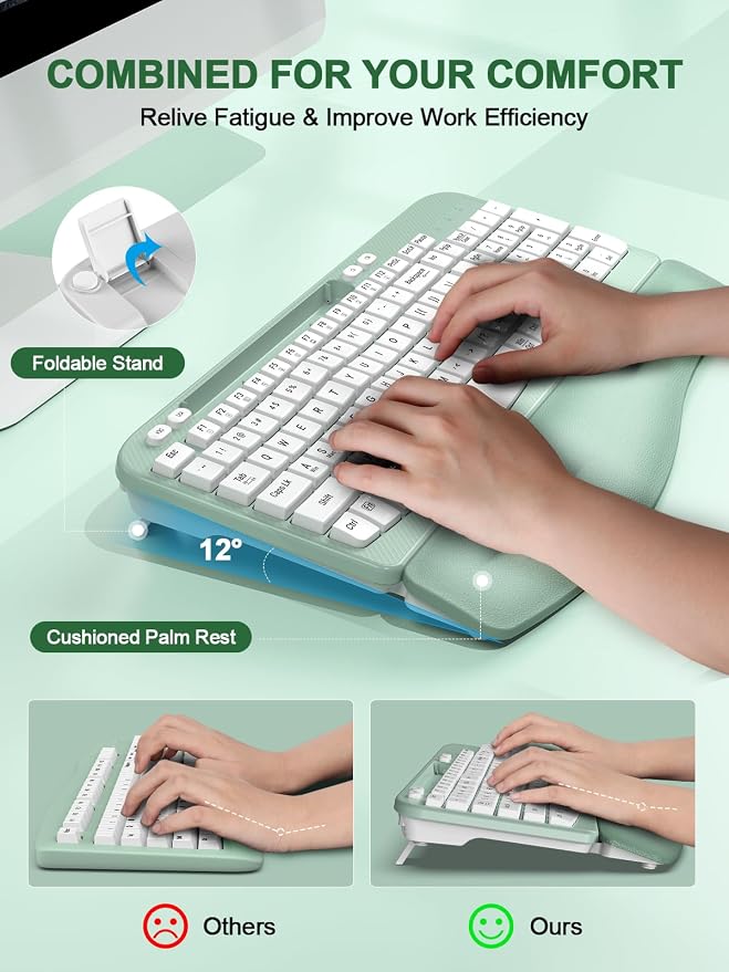 EAYBLLY 2.4G Wireless Ergonomic Keyboard, Full Size Wave Keys with Memory Foam Wrist Rest & 7.28in Phone Holder, USB-C Adapter Included for Windows Mac Chrome OS, Office or Home (Mint Green) - Image 4