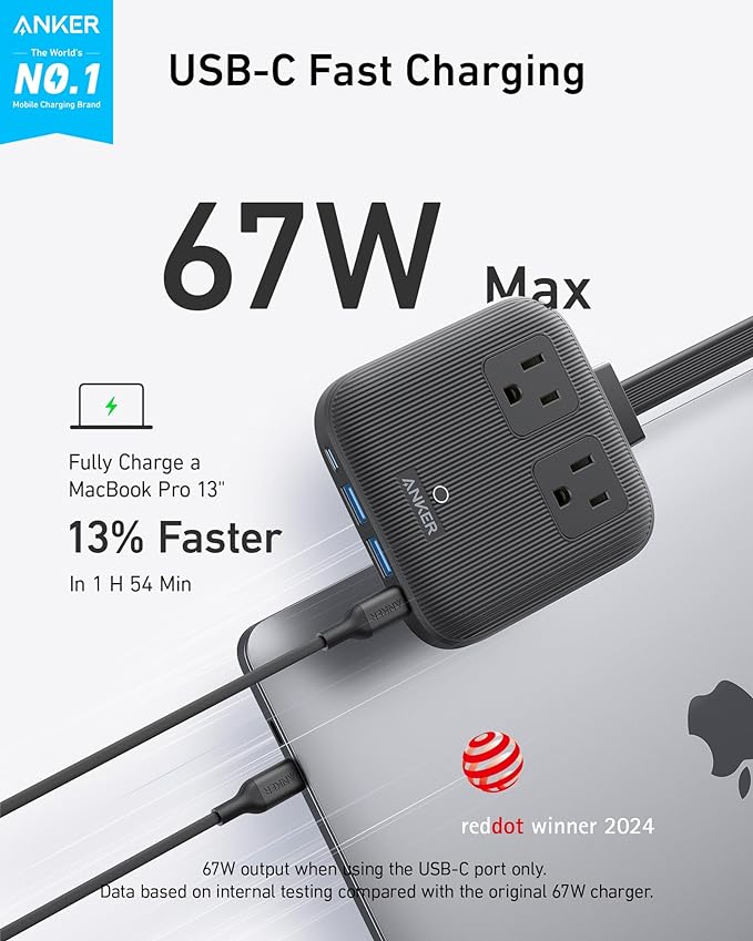 Anker Travel Power Strip, Anker Nano 67W Max 6-in-1 USB C Charger, 2 USB C | 2 AC, 2 USB A, 5ft Thin Undetachable Flat Plug Extension Cord with Multiple Outlets, Travel Essentials, Cruise Essentials - Image 2