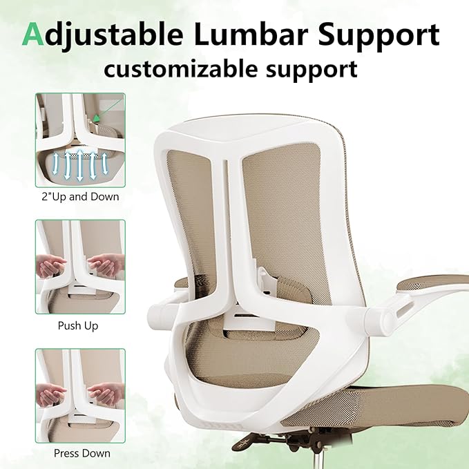 Ergonomic Office Chair with Lumbar Support, High Back Mesh Desk Chair with Flip-Up Arms, Adjustable Computer Task Chair, Khaki - Image 5