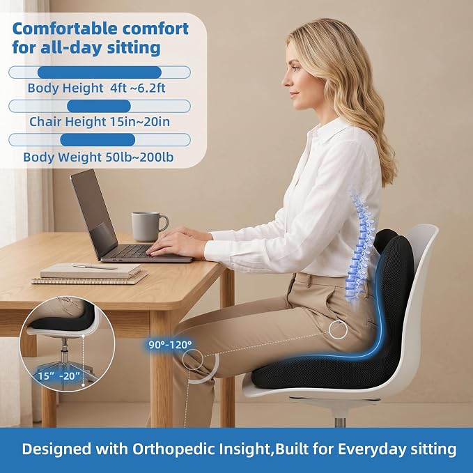 Seat Cushion with Lumbar Support Pillow,Ergonomic Chiar Cushion | Suitable for Long Sitting,Back Pressure Relief & Tailbone,Memory Foam Sciatica Pad for Office,Car, Home Chairs - Image 7